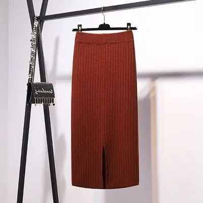 Autumn Winter Knit Dress, Medium Length High Waisted Bodycon Skirt, with Fashion Side Slit, Thickened Yarn