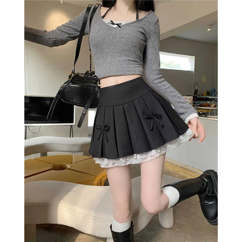 Pure Desire Aesthetic Skirt for Women, High Waisted, A Line Short Spring Skirt, with Lace Bow Trim and Pleats