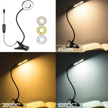 USB Book Light, LED Desk Clip Lamp, 360 Flexible Gooseneck, Brightness Adjustable Reading Table Light