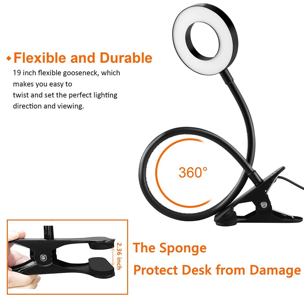 USB Book Light, LED Desk Clip Lamp, 360 Flexible Gooseneck, Brightness Adjustable Reading Table Light