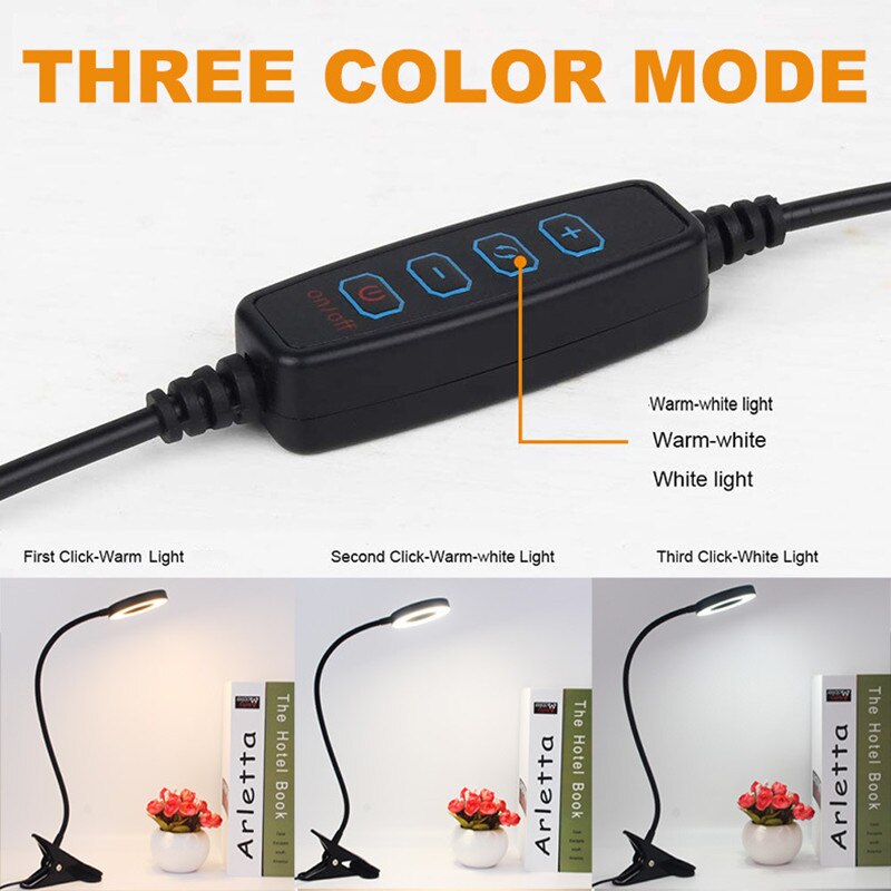 USB Book Light, LED Desk Clip Lamp, 360 Flexible Gooseneck, Brightness Adjustable Reading Table Light