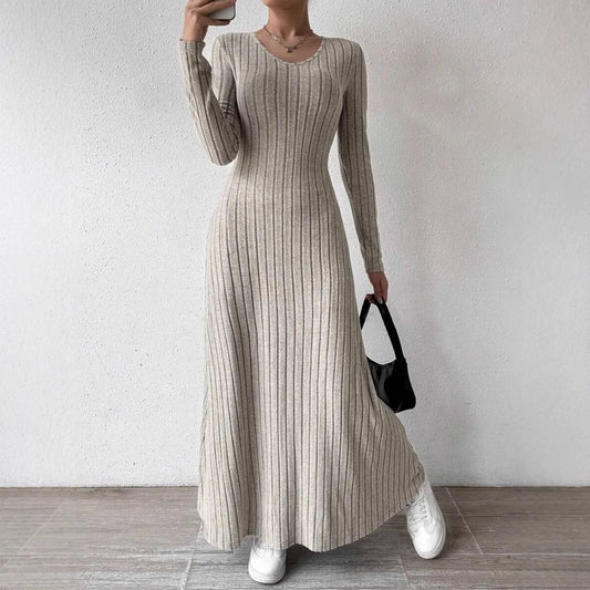 Women's Knitted Long Sleeve Dress, Streetwear, Solid Color Dress that Smooths and Slims