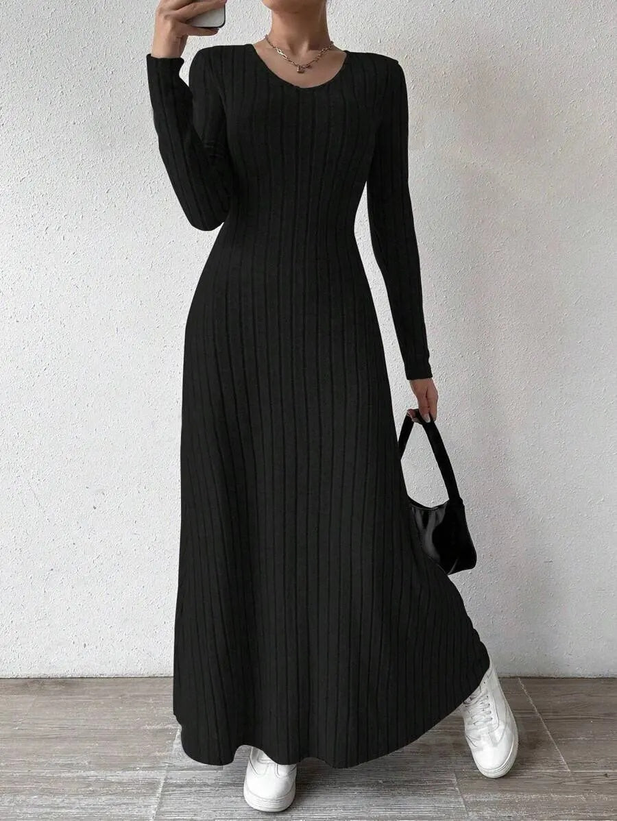 Women's Knitted Long Sleeve Dress, Streetwear, Solid Color Dress that Smooths and Slims