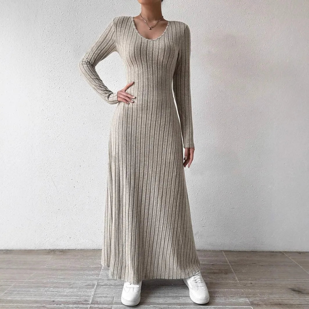 Women's Knitted Long Sleeve Dress, Streetwear, Solid Color Dress that Smooths and Slims