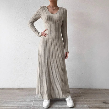 Women's Knitted Long Sleeve Dress, Streetwear, Solid Color Dress that Smooths and Slims