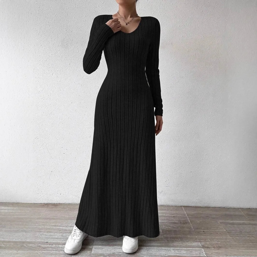 Women's Knitted Long Sleeve Dress, Streetwear, Solid Color Dress that Smooths and Slims