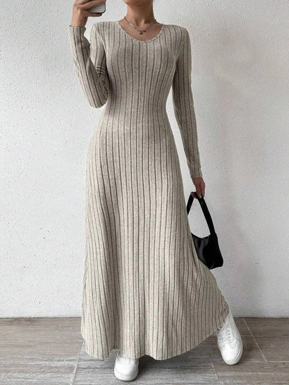 Women's Knitted Long Sleeve Dress, Streetwear, Solid Color Dress that Smooths and Slims