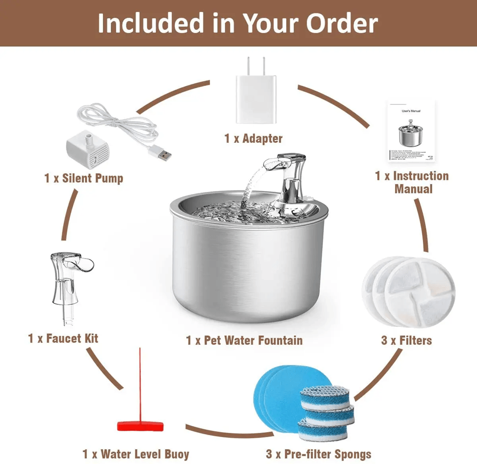 PureFlow 2L Stainless Steel Automatic Pet Water Fountain with Optional Sensor and Heater