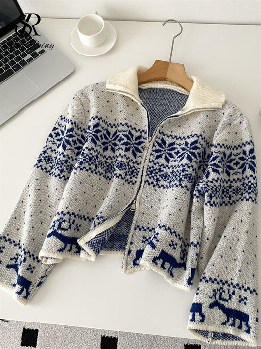 Trendy Streetwear Coat, Casual Sweater Short Cardigan for Ladies, Lapel Neck Zipper Print, Autumn and Christmas Style