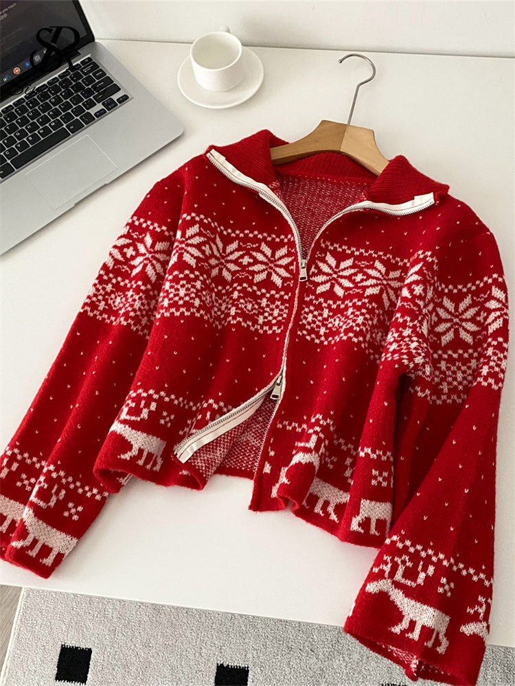 Trendy Streetwear Coat, Casual Sweater Short Cardigan for Ladies, Lapel Neck Zipper Print, Autumn and Christmas Style