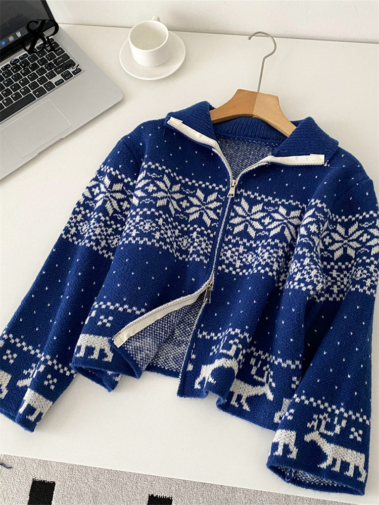 Trendy Streetwear Coat, Casual Sweater Short Cardigan for Ladies, Lapel Neck Zipper Print, Autumn and Christmas Style