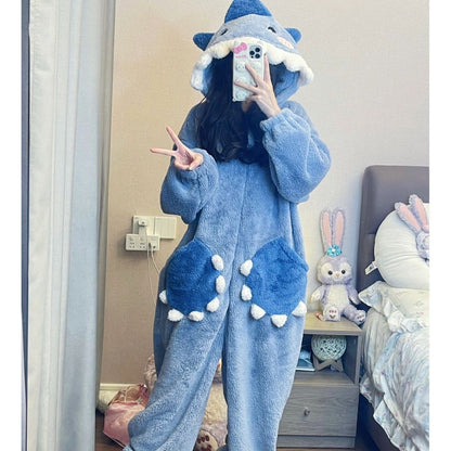 Women's Cartoon Shark Kigurumi, Cute Hooded Pajama Jumpsuit, Unicorn Sleepwear for Winter, Cosplay and Loungewear