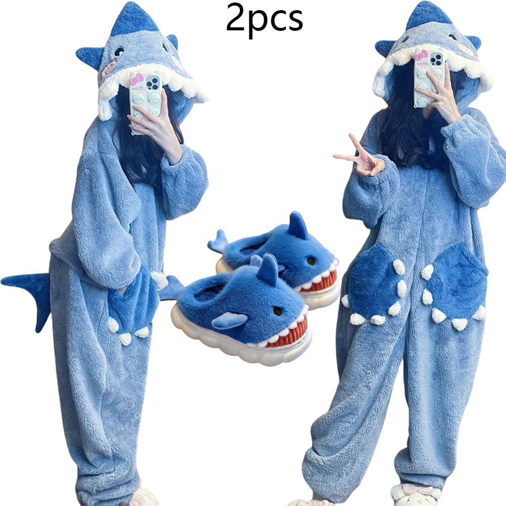 Women's Cartoon Shark Kigurumi, Cute Hooded Pajama Jumpsuit, Unicorn Sleepwear for Winter, Cosplay and Loungewear
