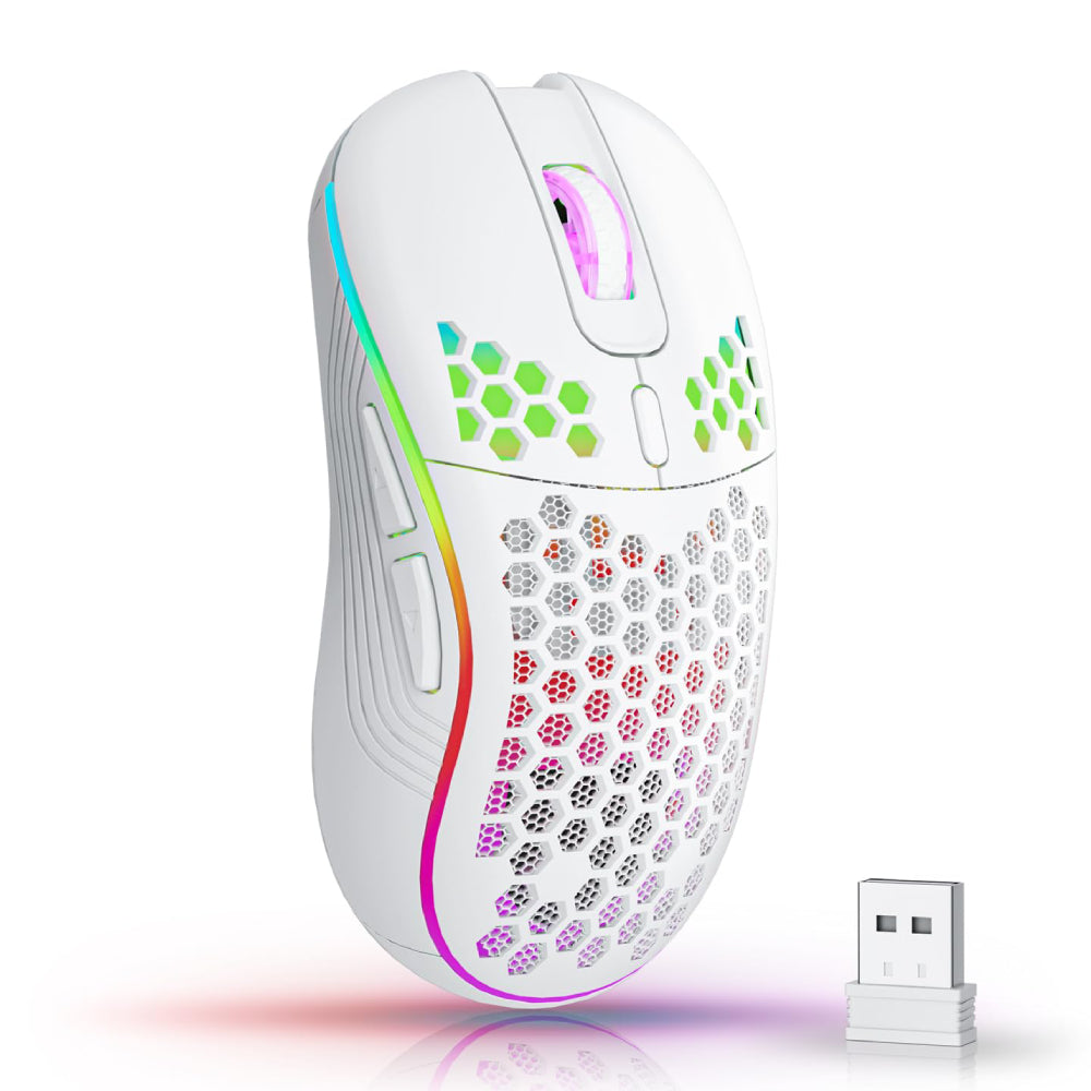 Gaming Mouse, Wireless RGB Backlit Mouse, Ergonomic 6 Button, Type C Rechargeable in Honeycomb Design