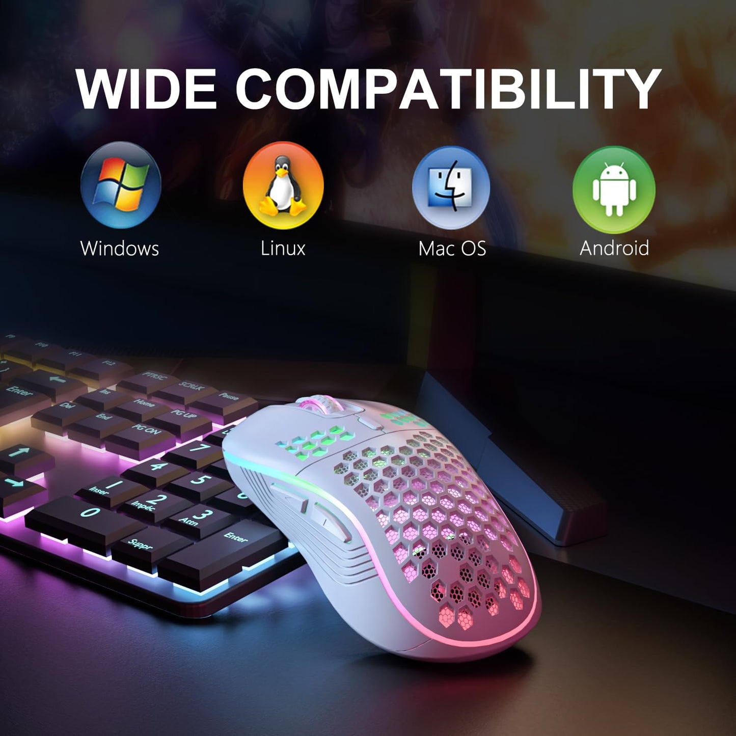 Gaming Mouse, Wireless RGB Backlit Mouse, Ergonomic 6 Button, Type C Rechargeable in Honeycomb Design