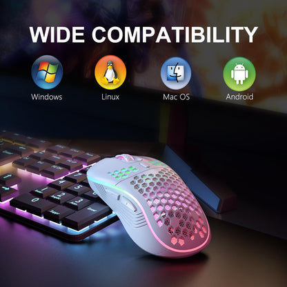 Gaming Mouse, Wireless RGB Backlit Mouse, Ergonomic 6 Button, Type C Rechargeable in Honeycomb Design