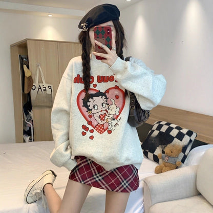 Loose, Comfortable Design, Womens Hoodless Sweatshirt, Mid Length Lazy Style, Versatile Outerwear Top, Autumn Winter