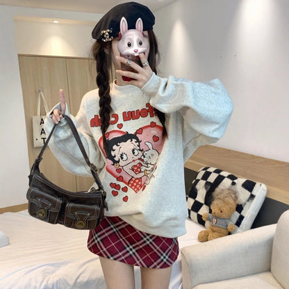 Loose, Comfortable Design, Womens Hoodless Sweatshirt, Mid Length Lazy Style, Versatile Outerwear Top, Autumn Winter