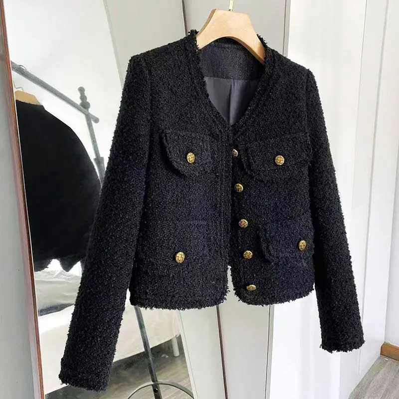 Elegant Socialite Jacket, Blacktweed Style Cropped Blazer, New Spring Autumn Thin Long Sleeve Top