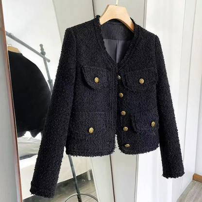 Elegant Socialite Jacket, Blacktweed Style Cropped Blazer, New Spring Autumn Thin Long Sleeve Top