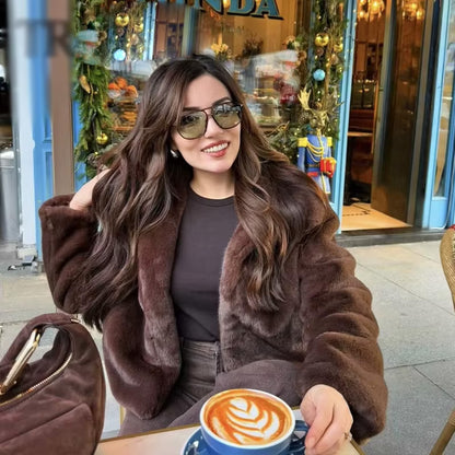 Brown Faux Fur Jacket, Women's Retro Streetwear Coat, Casual Crop Style with Side Pockets, Thick Warm Lapel for Winter