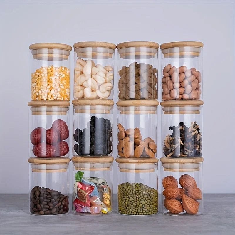 12 Piece Glass Spice Jars With Bamboo Lids And Labels Airtight 8oz Seasoning Containers For Kitchen Storage