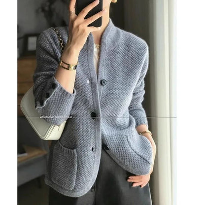 Womens 100 Percent Cashmere Wool Cardigan Stand Neck Loose Knit Sweater Jacket
