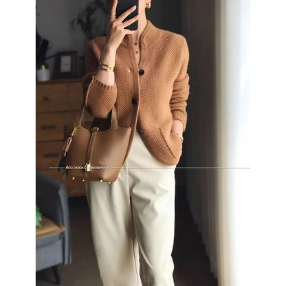 Womens 100 Percent Cashmere Wool Cardigan Stand Neck Loose Knit Sweater Jacket