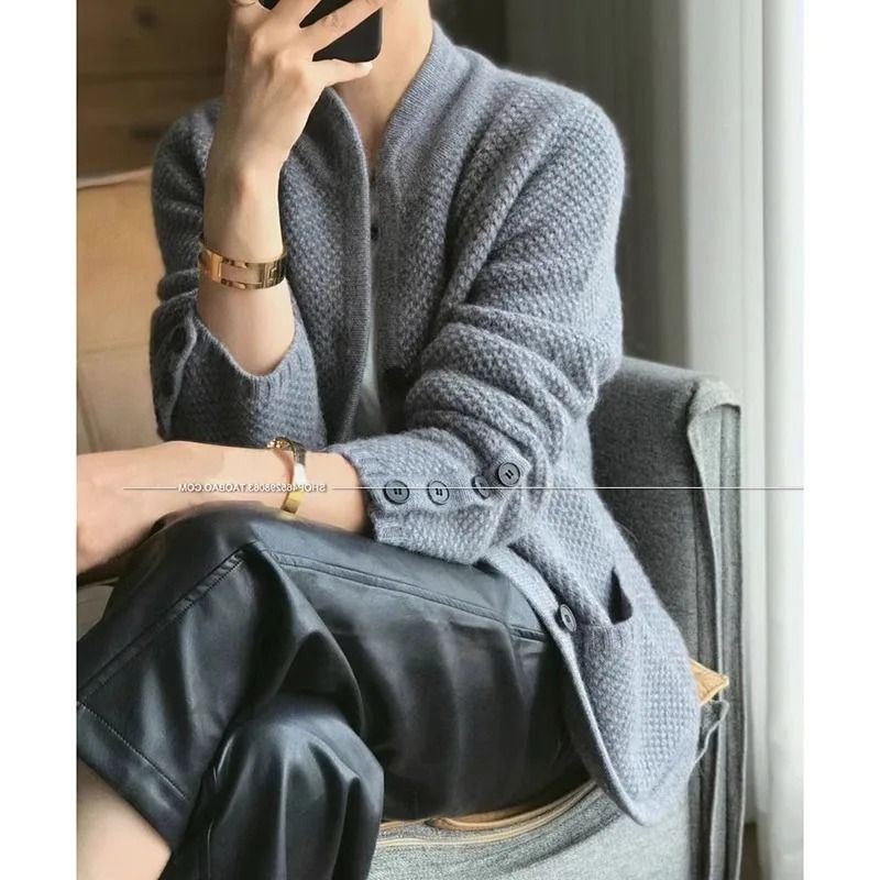 Womens 100 Percent Cashmere Wool Cardigan Stand Neck Loose Knit Sweater Jacket