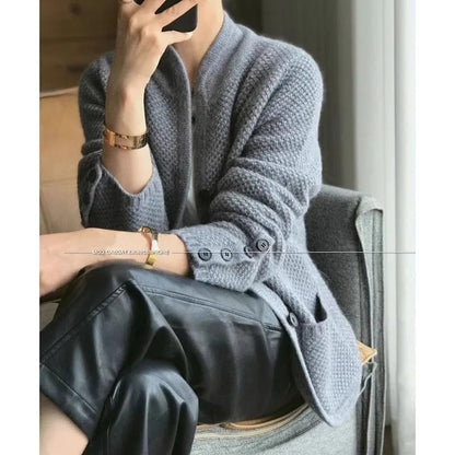 Womens 100 Percent Cashmere Wool Cardigan Stand Neck Loose Knit Sweater Jacket