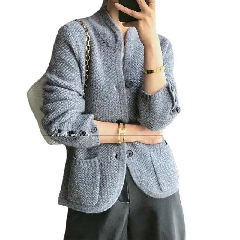 Womens 100 Percent Cashmere Wool Cardigan Stand Neck Loose Knit Sweater Jacket