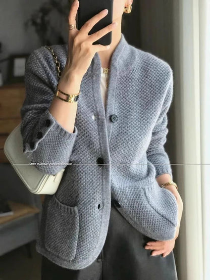 Womens 100 Percent Cashmere Wool Cardigan Stand Neck Loose Knit Sweater Jacket