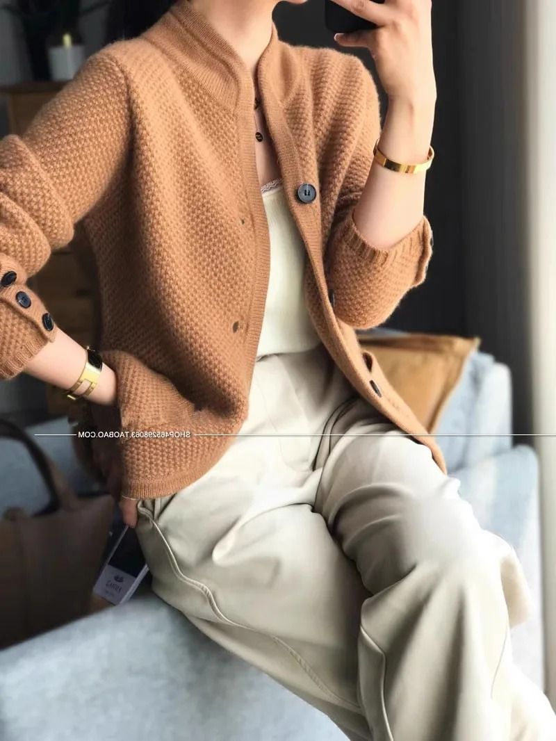 Womens 100 Percent Cashmere Wool Cardigan Stand Neck Loose Knit Sweater Jacket