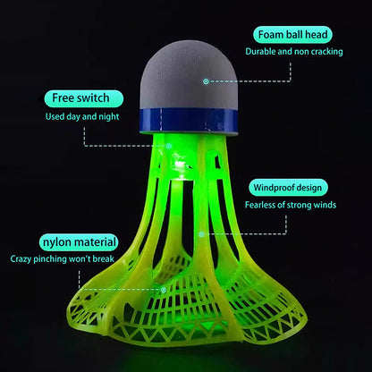 Windproof LED Night Training Balls, Glow in The Dark Badminton Shuttlecocks, Unbreakable Plastic Feathers
