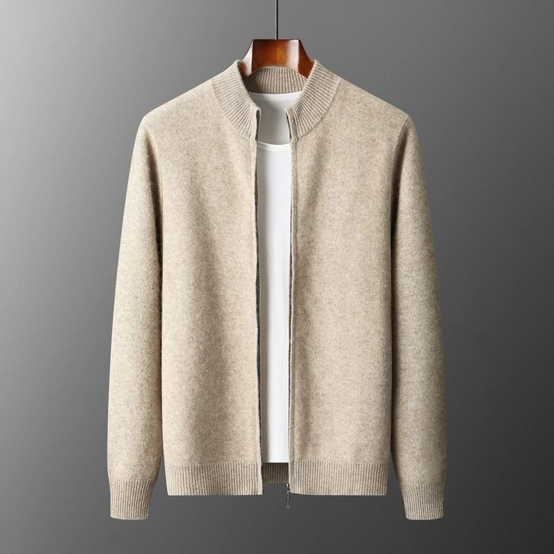 Mens Merino Wool Mock Collar Zipper Cardigan Sweater for Autumn and Winter