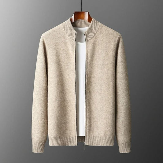Mens Merino Wool Mock Collar Zipper Cardigan Sweater for Autumn and Winter
