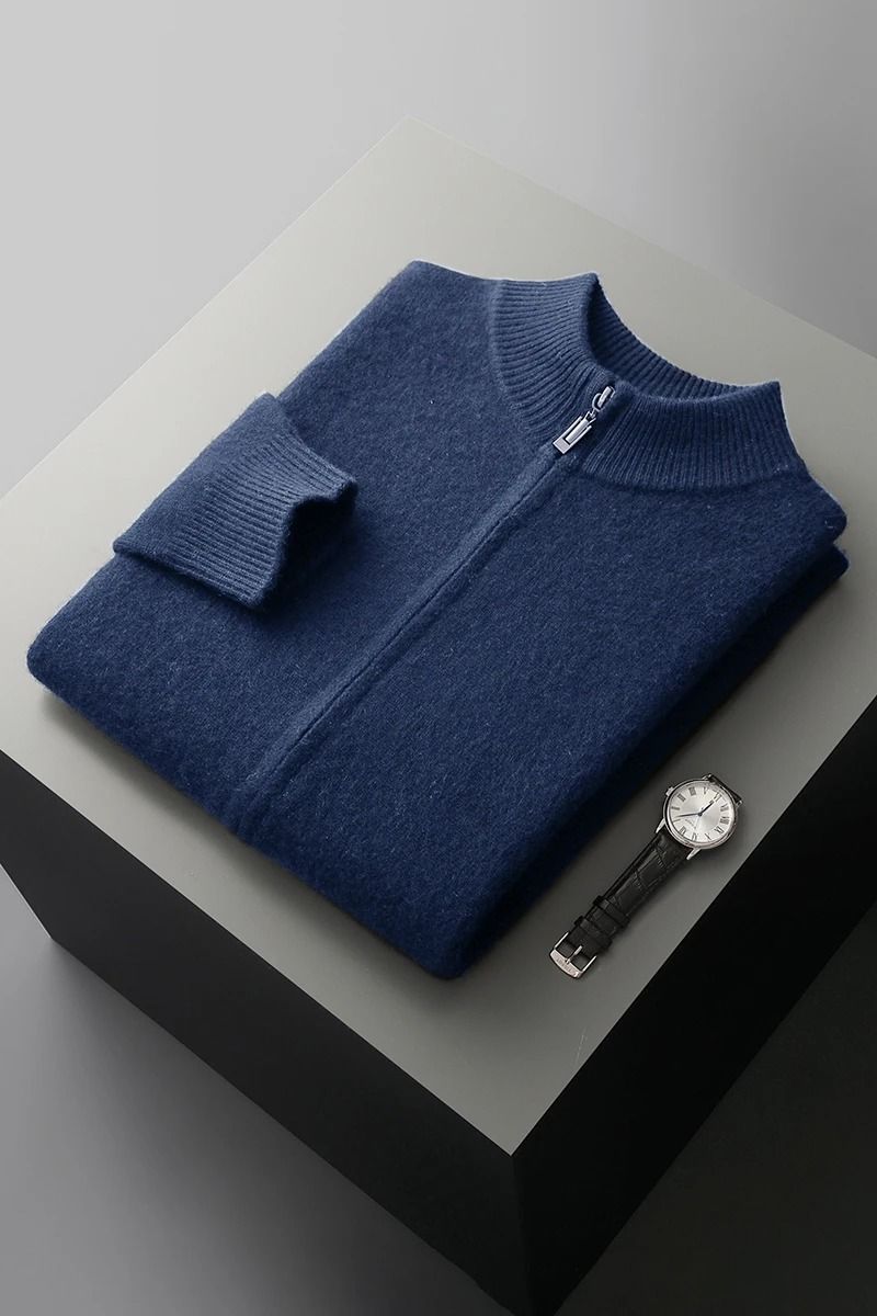 Mens Merino Wool Mock Collar Zipper Cardigan Sweater for Autumn and Winter