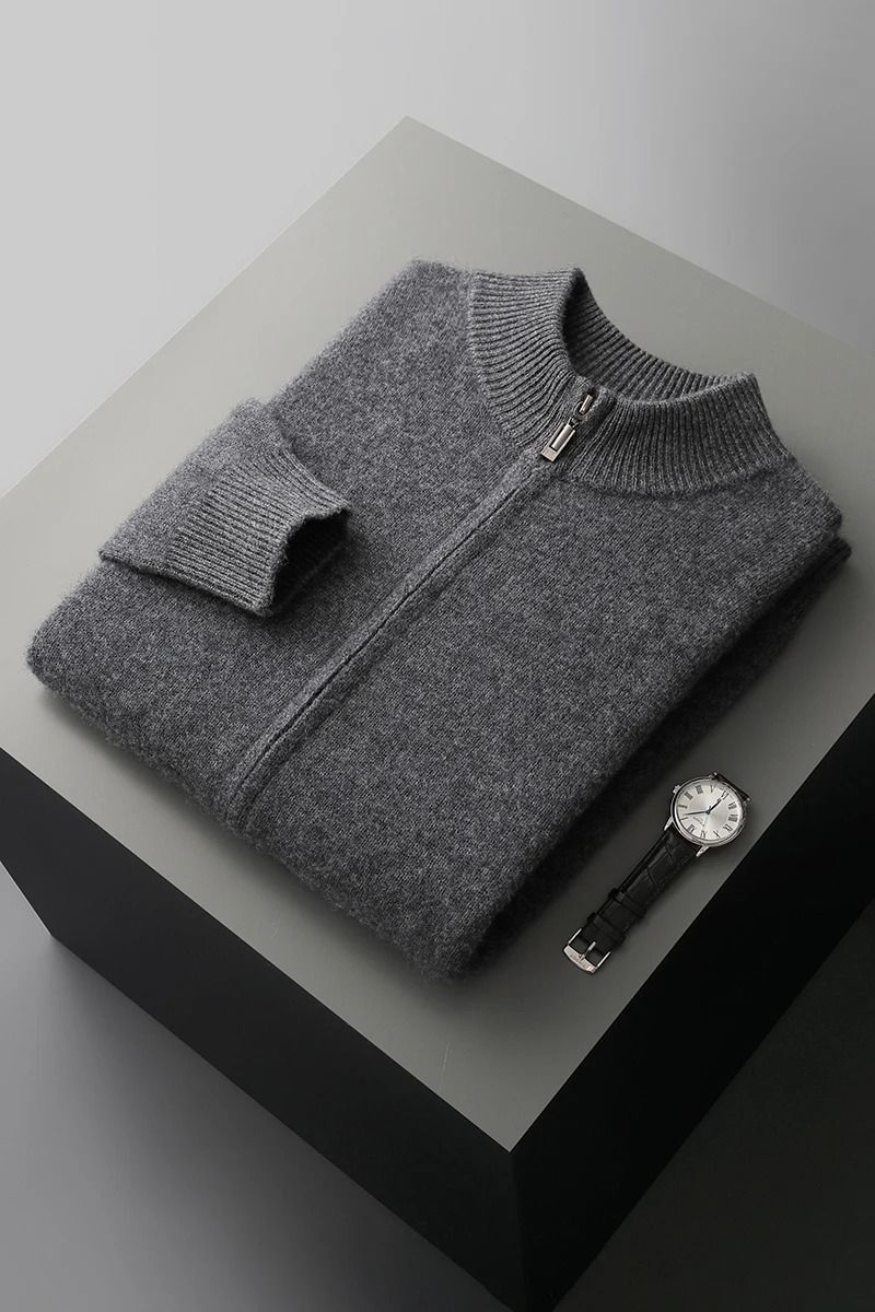 Mens Merino Wool Mock Collar Zipper Cardigan Sweater for Autumn and Winter
