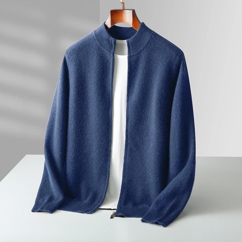 Mens Merino Wool Mock Collar Zipper Cardigan Sweater for Autumn and Winter