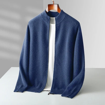 Mens Merino Wool Mock Collar Zipper Cardigan Sweater for Autumn and Winter