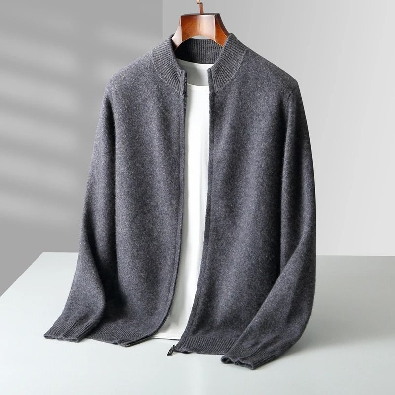 Mens Merino Wool Mock Collar Zipper Cardigan Sweater for Autumn and Winter