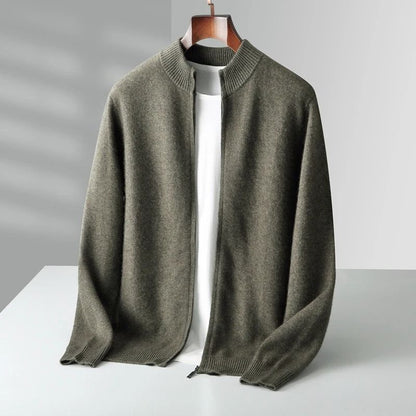 Mens Merino Wool Mock Collar Zipper Cardigan Sweater for Autumn and Winter