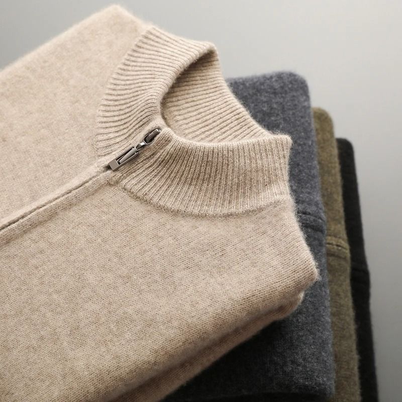 Mens Merino Wool Mock Collar Zipper Cardigan Sweater for Autumn and Winter