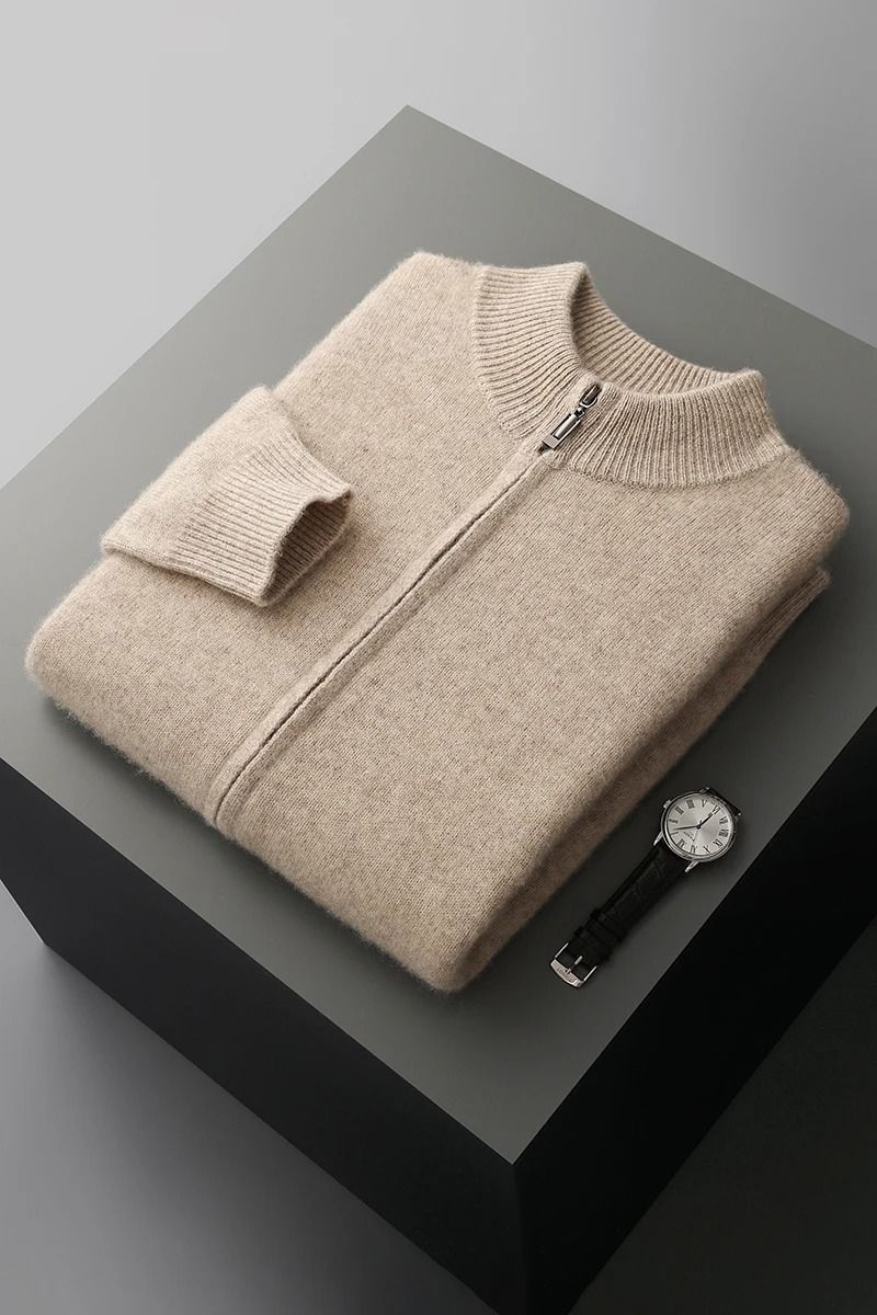 Mens Merino Wool Mock Collar Zipper Cardigan Sweater for Autumn and Winter