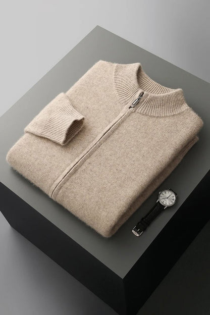 Mens Merino Wool Mock Collar Zipper Cardigan Sweater for Autumn and Winter