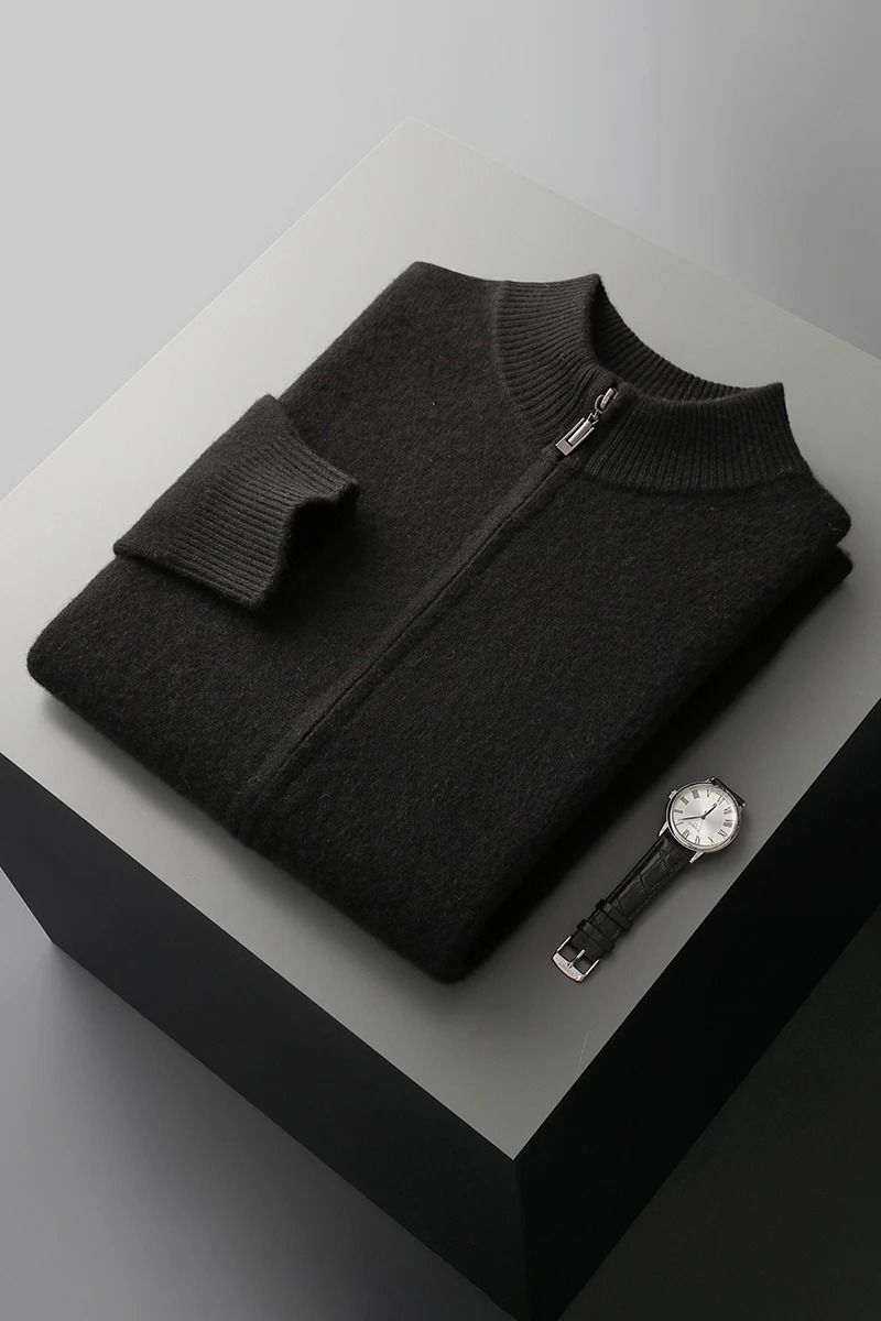 Mens Merino Wool Mock Collar Zipper Cardigan Sweater for Autumn and Winter