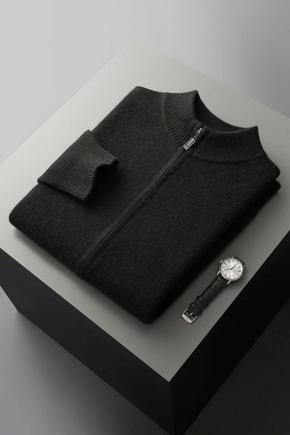 Mens Merino Wool Mock Collar Zipper Cardigan Sweater for Autumn and Winter