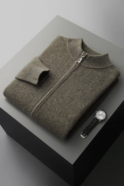 Mens Merino Wool Mock Collar Zipper Cardigan Sweater for Autumn and Winter