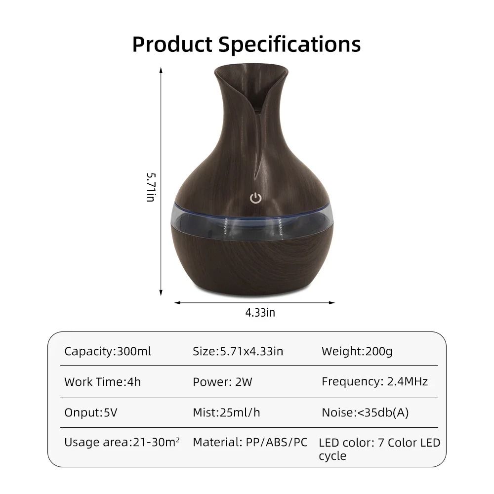300 ml Aromatherapy Humidifier Cool Mist Diffuser Wood Grain Design