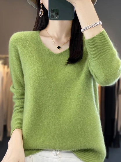 Merino Wool V-Neck Sweater for Women – Soft Cashmere Knit Pullover for Autumn and Winter